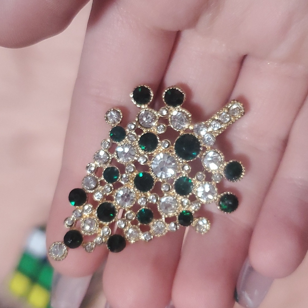 Christmas tree brooch with white and green jewels